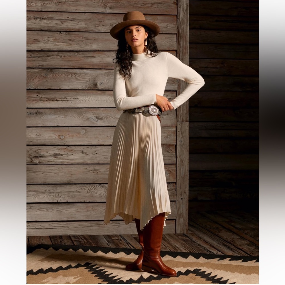 Polo Ralph Lauren Womens Dress Long-Sleeve Cream pleated Mockneck Wool Silk XL - Picture 1 of 16
